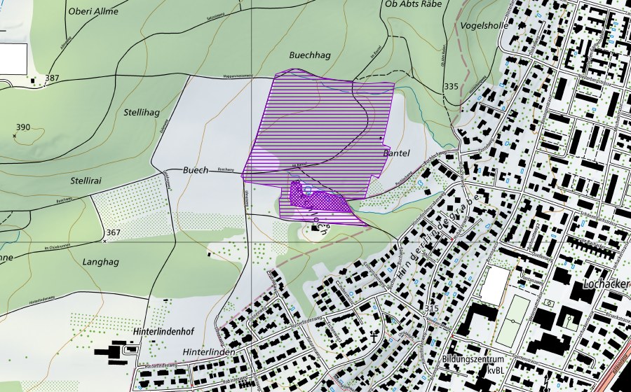 Landeskarte swisstopo mit dem Schutzperimeter von Buechloch (Amphibienlaichgebiet)