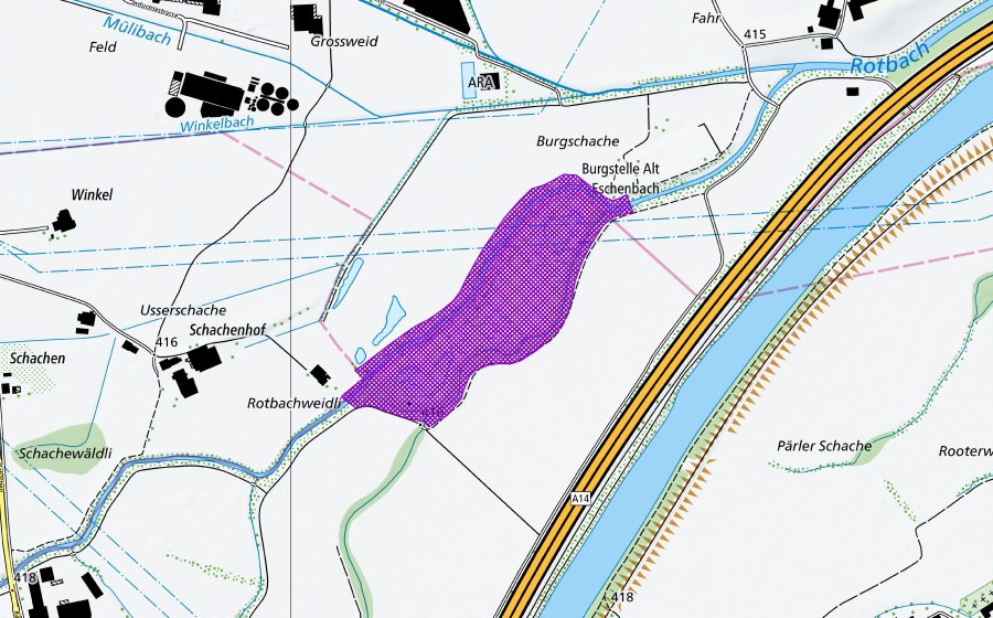 Carte nationale swisstopo avec le périmètre protégé de Burgschachen (Site de reproduction de batraciens)
