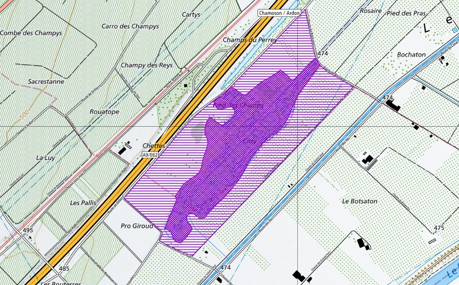 swisstopo national map showing the protected perimeter of Canal de Ceinture (Amphibian spawning site)