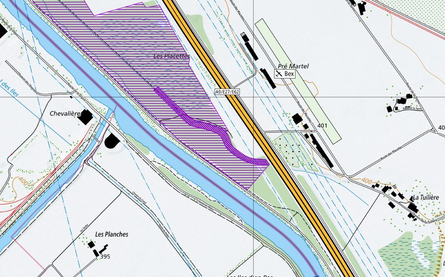 swisstopo national map showing the protected perimeter of Canal de la Tuilière (Amphibian spawning site)