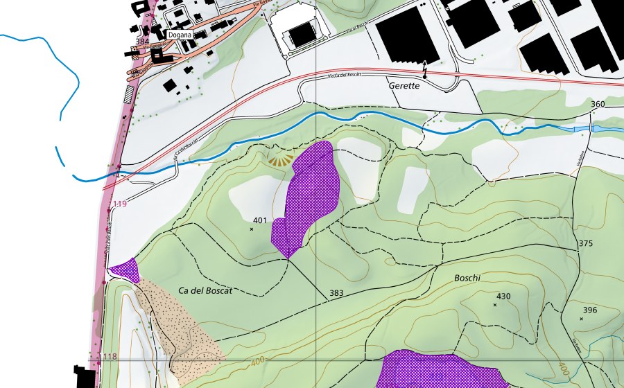 swisstopo national map showing the protected perimeter of Cava Boschi (Amphibian spawning site)