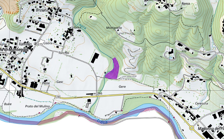 Landeskarte swisstopo mit dem Schutzperimeter von Cava Gere Croglio (Amphibienlaichgebiet)