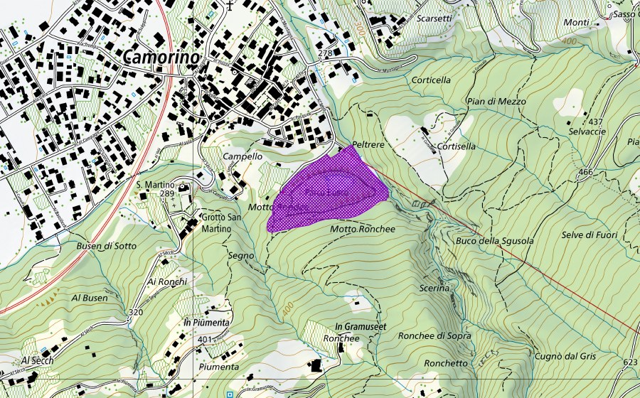 Carte nationale swisstopo avec le périmètre protégé de Cava Motto Grande (Site de reproduction de batraciens)