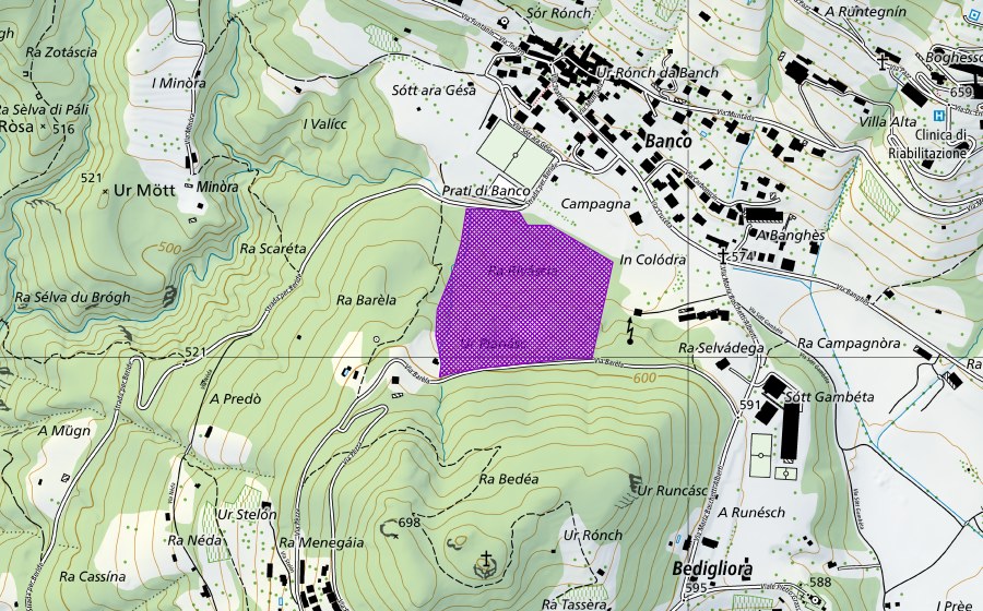 Carte nationale swisstopo avec le périmètre protégé de Cava Rivaccia (Site de reproduction de batraciens)