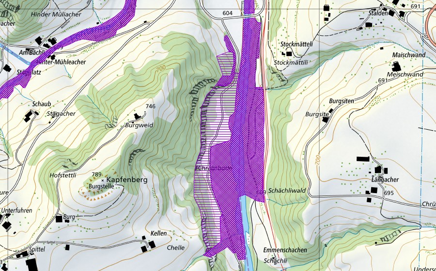 swisstopo national map showing the protected perimeter of Chalchloch (Amphibian spawning site)