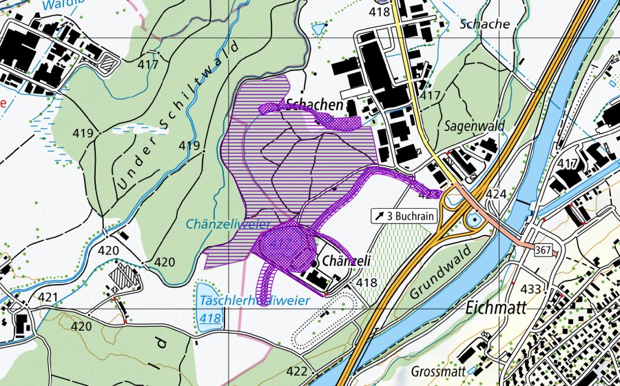swisstopo national map showing the protected perimeter of Chänzeli/Schachen (Amphibian spawning site)