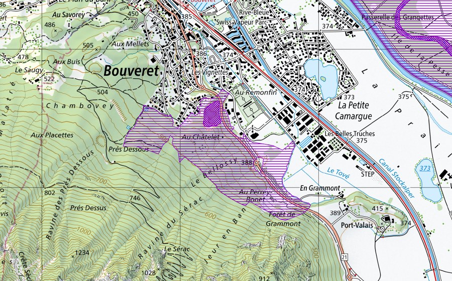 swisstopo national map showing the protected perimeter of Châtelet (Amphibian spawning site)