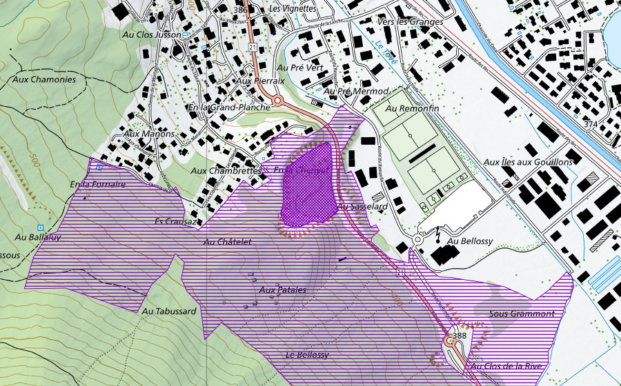 swisstopo national map showing the protected perimeter of Châtelet (Amphibian spawning site)