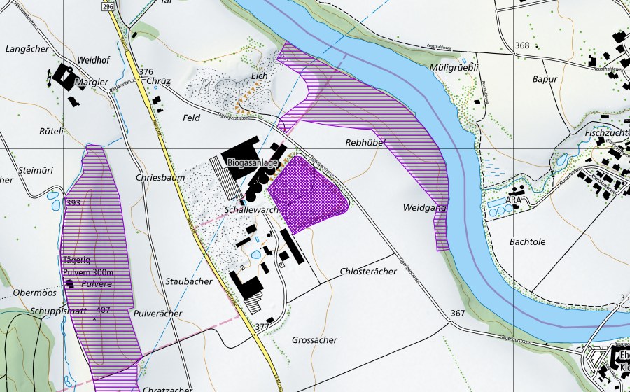 Landeskarte swisstopo mit dem Schutzperimeter von Chlosteräcker (Amphibienlaichgebiet)