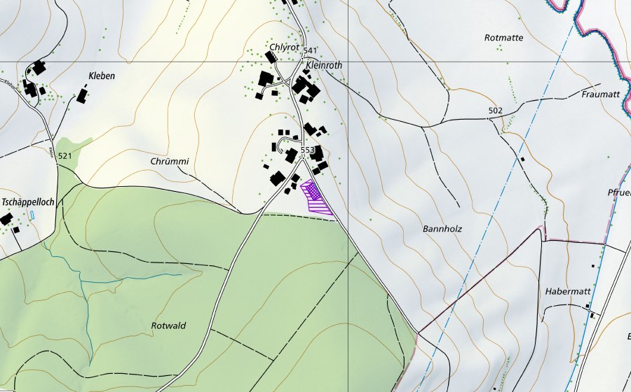 Landeskarte swisstopo mit dem Schutzperimeter von Chlyrot Weiher (Amphibienlaichgebiet)