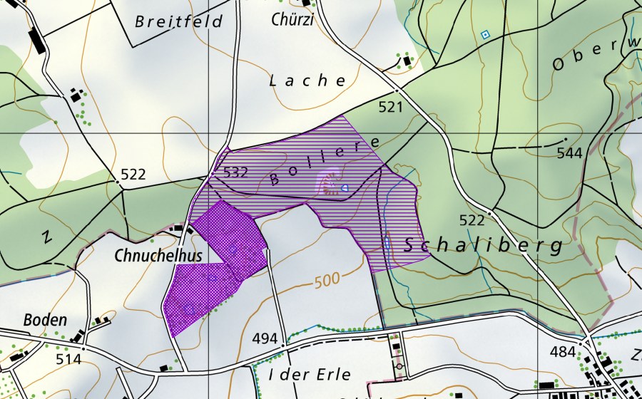Landeskarte swisstopo mit dem Schutzperimeter von Chnuchelhusgrube (Amphibienlaichgebiet)