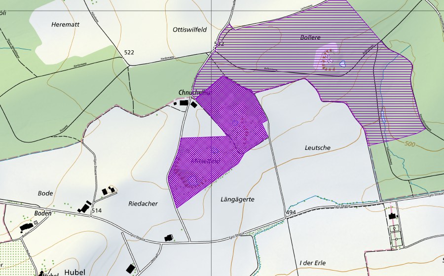 Landeskarte swisstopo mit dem Schutzperimeter von Chnuchelhusgrube (Amphibienlaichgebiet)