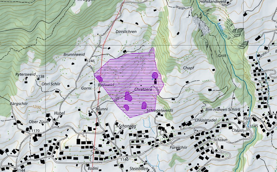 swisstopo national map showing the protected perimeter of Chratzera (Amphibian spawning site)