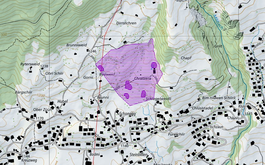 Carte nationale swisstopo avec le périmètre protégé de Chratzera (Site de reproduction de batraciens)