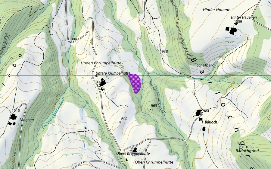 swisstopo national map showing the protected perimeter of Chrümpelhütte (Amphibian spawning site)