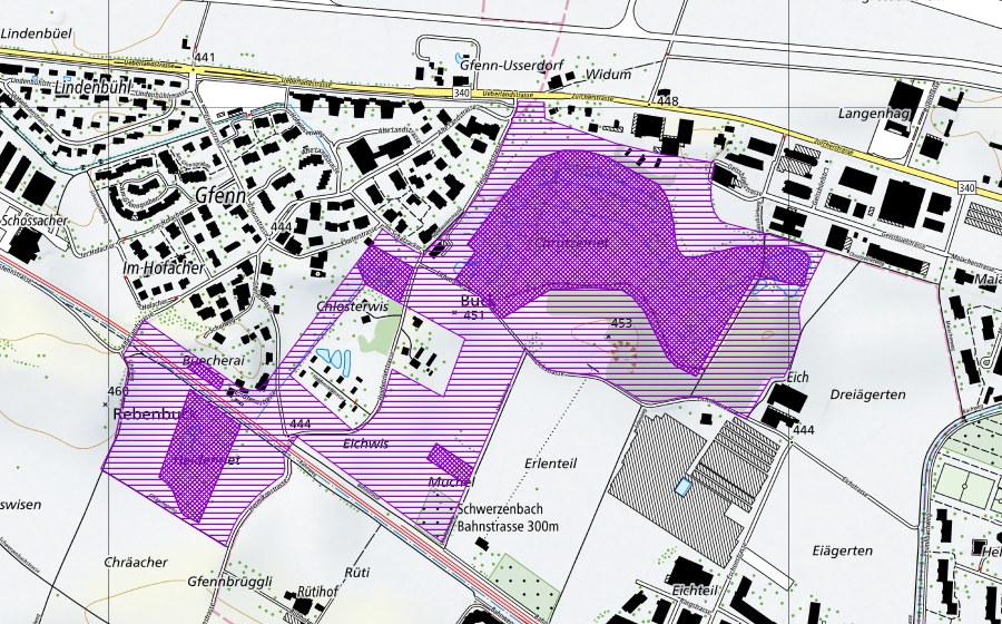 Landeskarte swisstopo mit dem Schutzperimeter von Chrutzelried, Heidenried (Amphibienlaichgebiet)