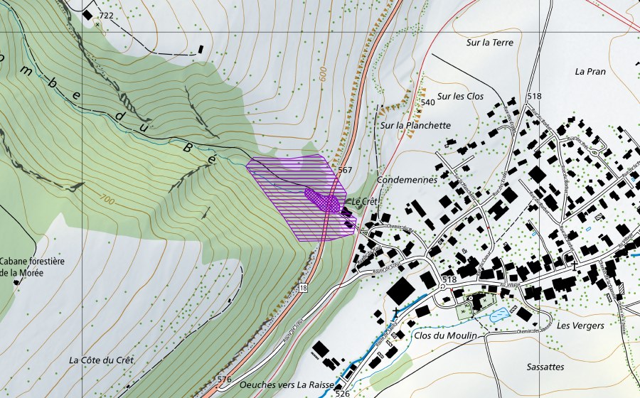 Landeskarte swisstopo mit dem Schutzperimeter von Combe du Bez (Amphibienlaichgebiet)