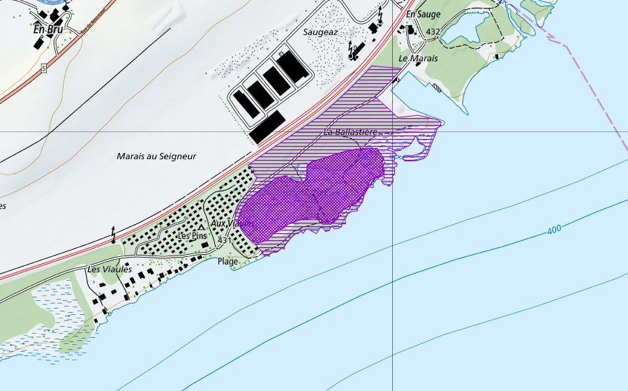 swisstopo national map showing the protected perimeter of Corcelettes (Amphibian spawning site)
