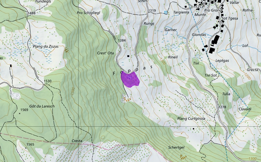 swisstopo national map showing the protected perimeter of Crest'Ota (Amphibian spawning site)