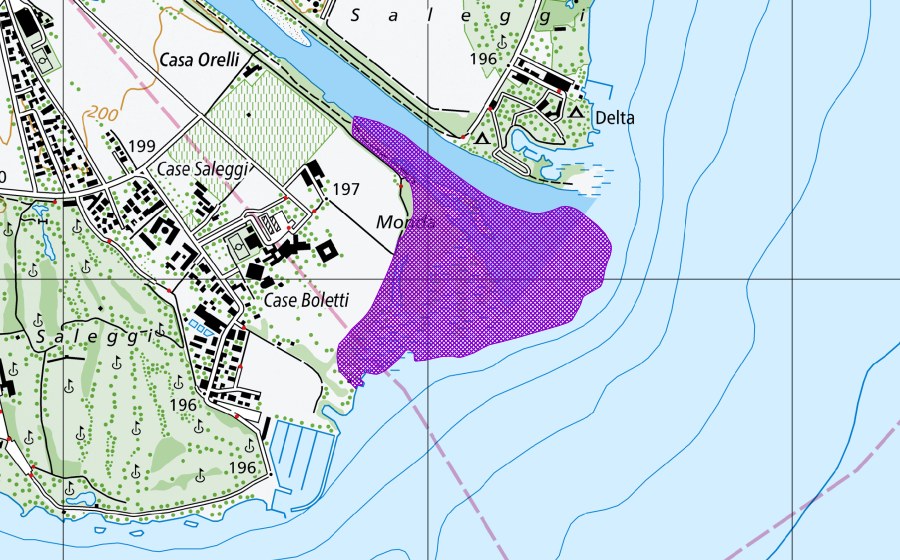 swisstopo national map showing the protected perimeter of Delta della Maggia (Amphibian spawning site)