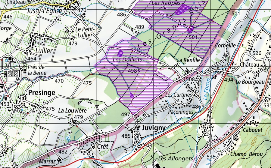 Carte nationale swisstopo avec le périmètre protégé de Dolliets (Site de reproduction de batraciens)