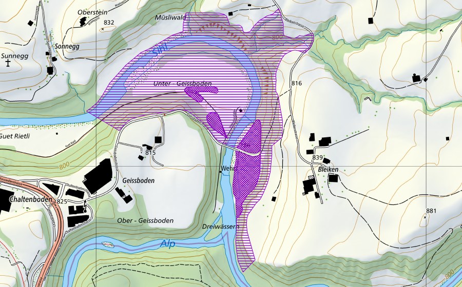 Carte nationale swisstopo avec le périmètre protégé de Dreiwässern (Site de reproduction de batraciens)