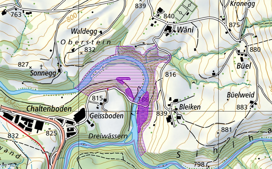 Carte nationale swisstopo avec le périmètre protégé de Dreiwässern (Site de reproduction de batraciens)