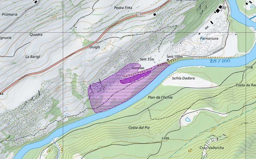 swisstopo national map showing the protected perimeter of Duigls (Amphibian spawning site)