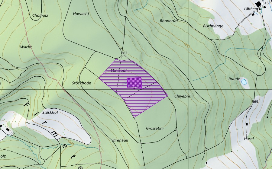 Carte nationale swisstopo avec le périmètre protégé de Ebni (Site de reproduction de batraciens)