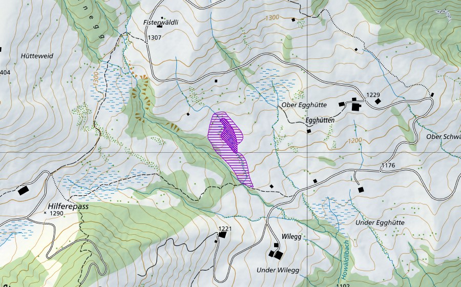 Landeskarte swisstopo mit dem Schutzperimeter von Egghütten (Amphibienlaichgebiet)
