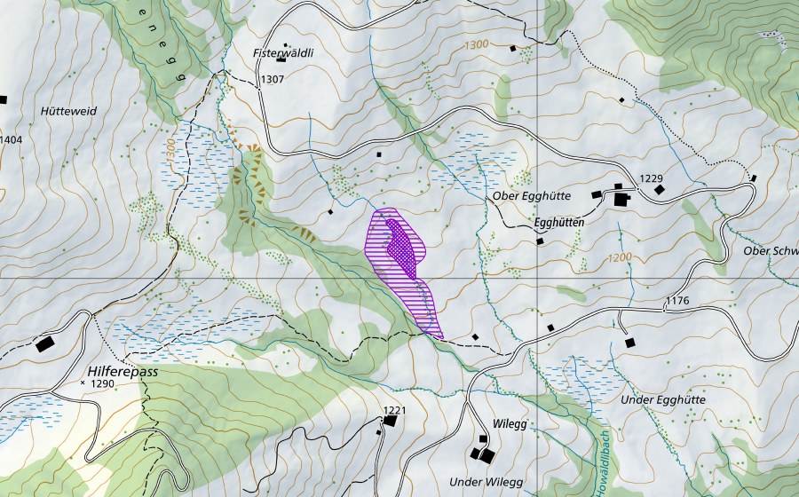 swisstopo national map showing the protected perimeter of Egghütten (Amphibian spawning site)