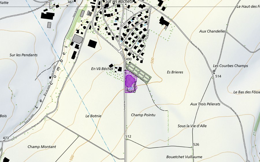 Landeskarte swisstopo mit dem Schutzperimeter von En Vâ Béchat (Amphibienlaichgebiet)
