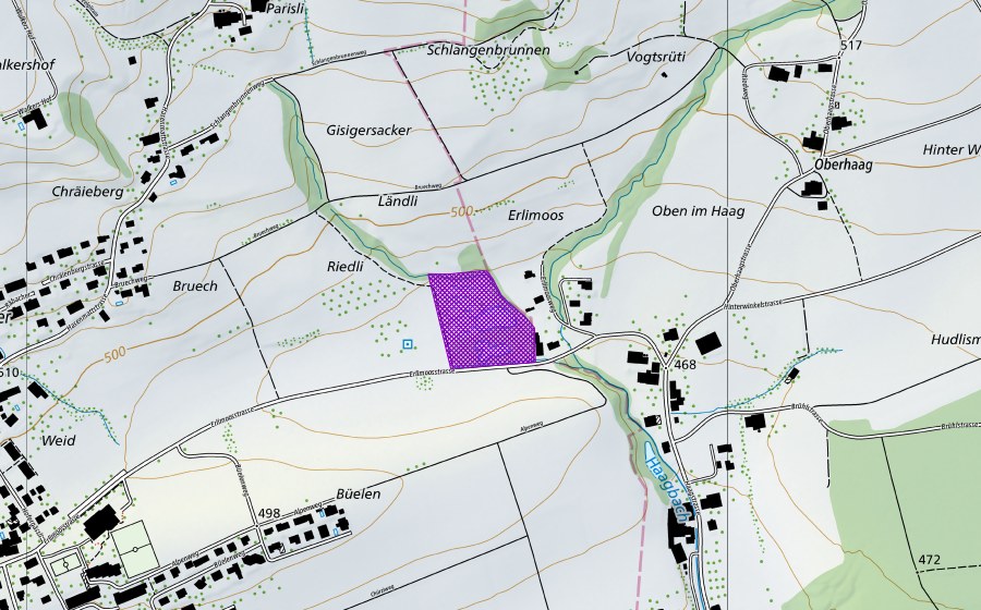 Carte nationale swisstopo avec le périmètre protégé de Erlenmoos, Haag (Site de reproduction de batraciens)