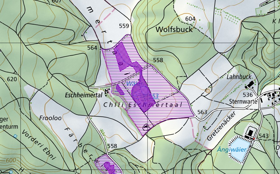 Carte nationale swisstopo avec le périmètre protégé de Eschheimer Weiher (Site de reproduction de batraciens)