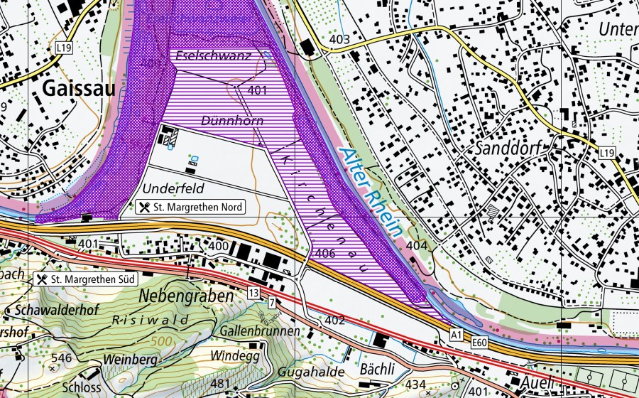 Landeskarte swisstopo mit dem Schutzperimeter von Eselschwanz (Amphibienlaichgebiet)