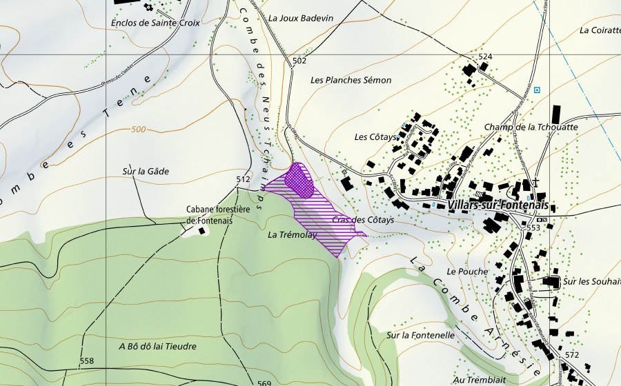 Carta nazionale swisstopo con il perimetro protetto di Etang de Villars-sur-Fontenais (Sito di riproduzione di anfibi)