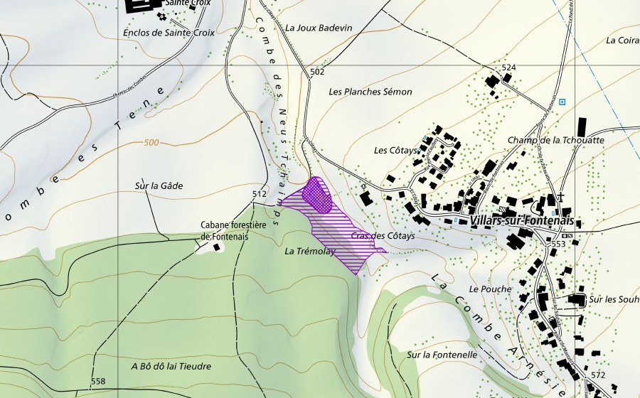 Carte nationale swisstopo avec le périmètre protégé de Etang de Villars-sur-Fontenais (Site de reproduction de batraciens)