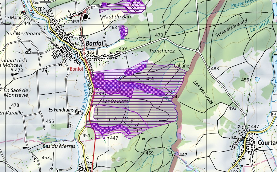 swisstopo national map showing the protected perimeter of Etangs de Bonfol (Amphibian spawning site)