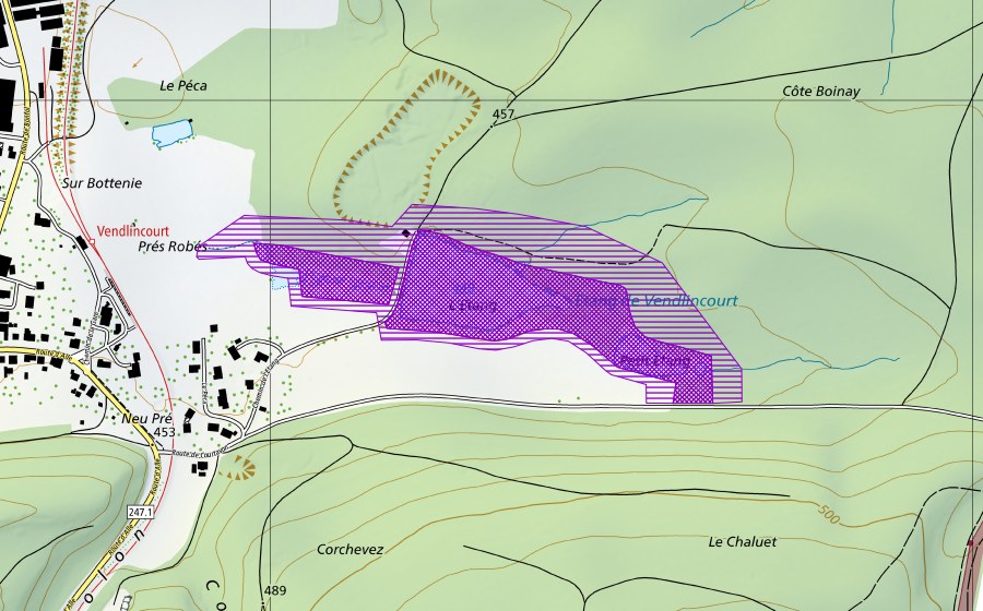 Carte nationale swisstopo avec le périmètre protégé de Etangs de Vendlincourt (Site de reproduction de batraciens)