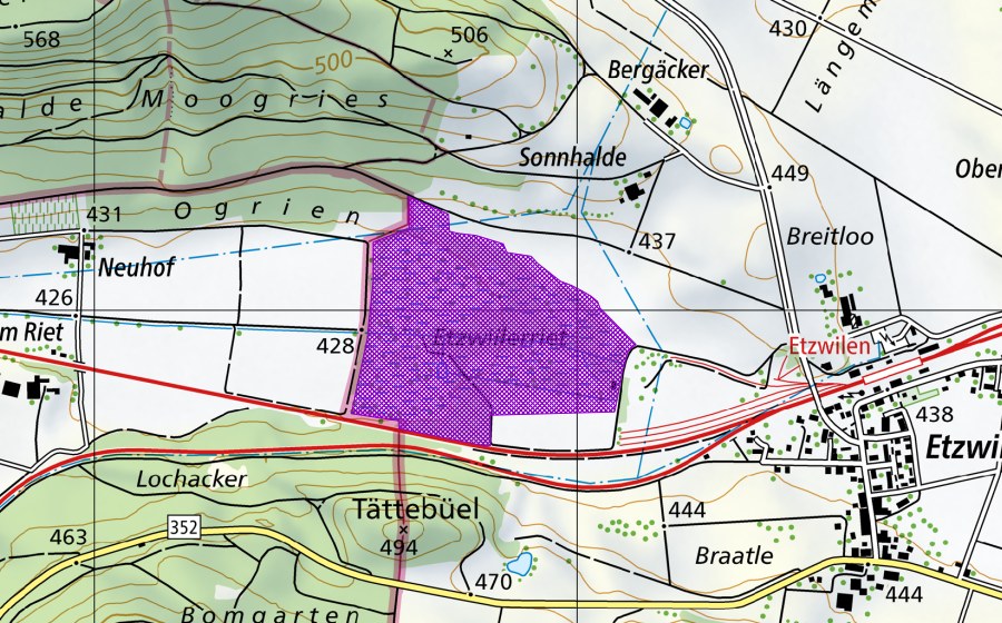 Carte nationale swisstopo avec le périmètre protégé de Etzwilerriet (Site de reproduction de batraciens)
