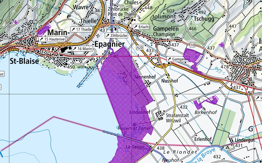 Landeskarte swisstopo mit dem Schutzperimeter von Fanel (Amphibienlaichgebiet)
