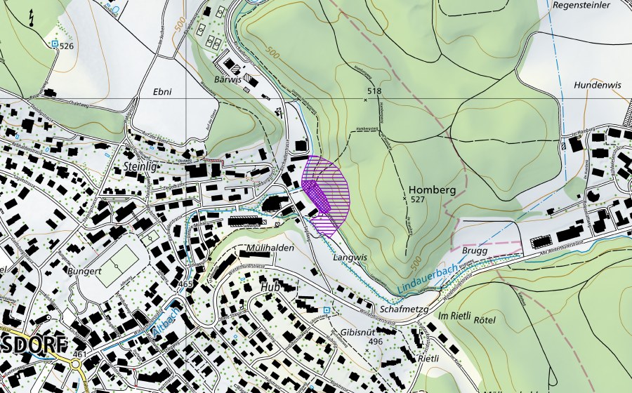 Landeskarte swisstopo mit dem Schutzperimeter von Feuerweiher am Homberg (Amphibienlaichgebiet)