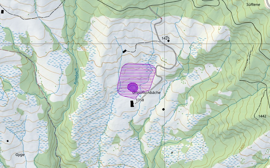 Carte nationale swisstopo avec le périmètre protégé de Fischbächen Weiher (Site de reproduction de batraciens)