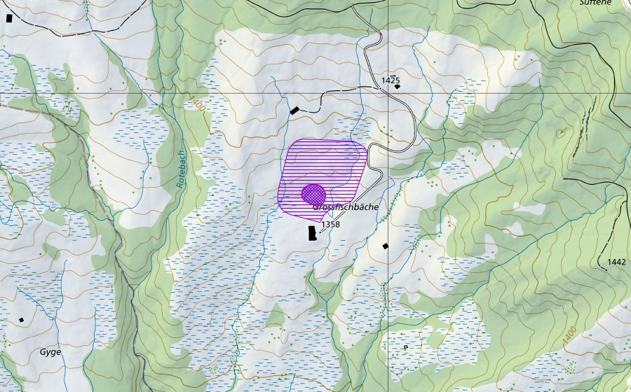 Landeskarte swisstopo mit dem Schutzperimeter von Fischbächen Weiher (Amphibienlaichgebiet)