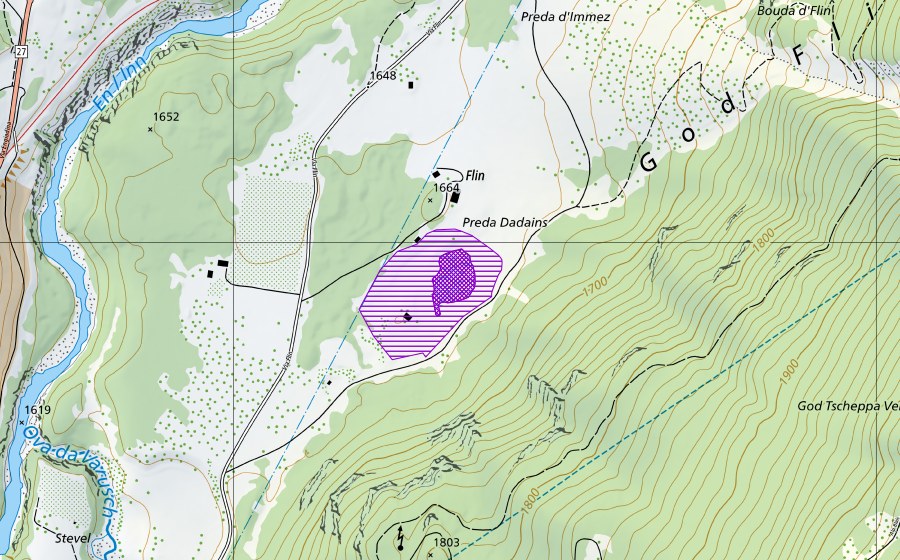 Carte nationale swisstopo avec le périmètre protégé de Flin (Site de reproduction de batraciens)