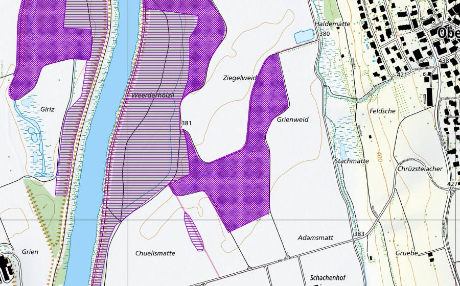swisstopo national map showing the protected perimeter of Friedgraben (Amphibian spawning site)