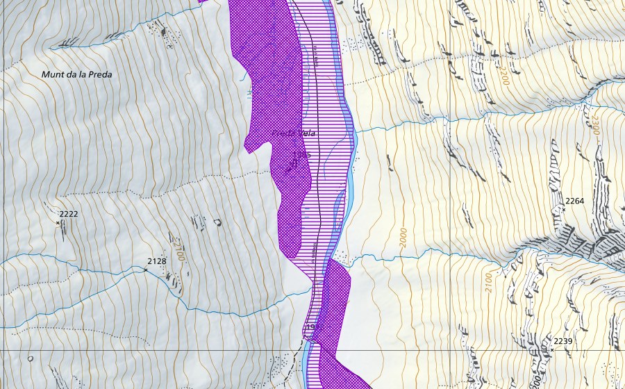 swisstopo national map showing the protected perimeter of Fröschaboda Val Madris (Amphibian spawning site)