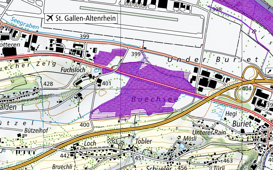 Landeskarte swisstopo mit dem Schutzperimeter von Fuchsloch-Buriet (Amphibienlaichgebiet)