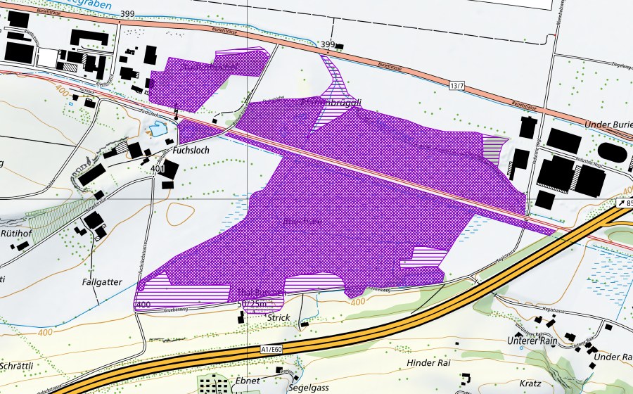 Landeskarte swisstopo mit dem Schutzperimeter von Fuchsloch-Buriet (Amphibienlaichgebiet)