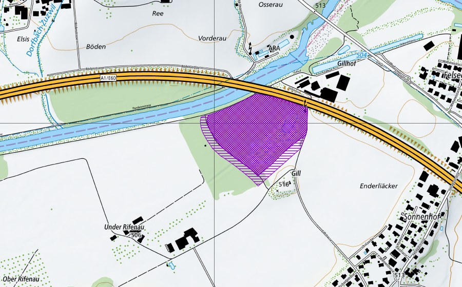Carte nationale swisstopo avec le périmètre protégé de Gill-Henau Reservat (Site de reproduction de batraciens)